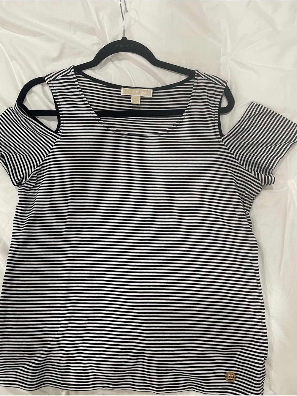 MICHAEL Michael Kors Black and White Striped Cold-Shoulder Tee